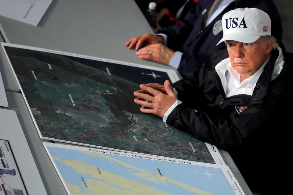 <p>President Donald Trump receives a briefing on Tropical Storm Harvey relief efforts in Corpus Christi, Texas, Aug. 29, 2017. (Photo: Carlos Barria/Reuters) </p>