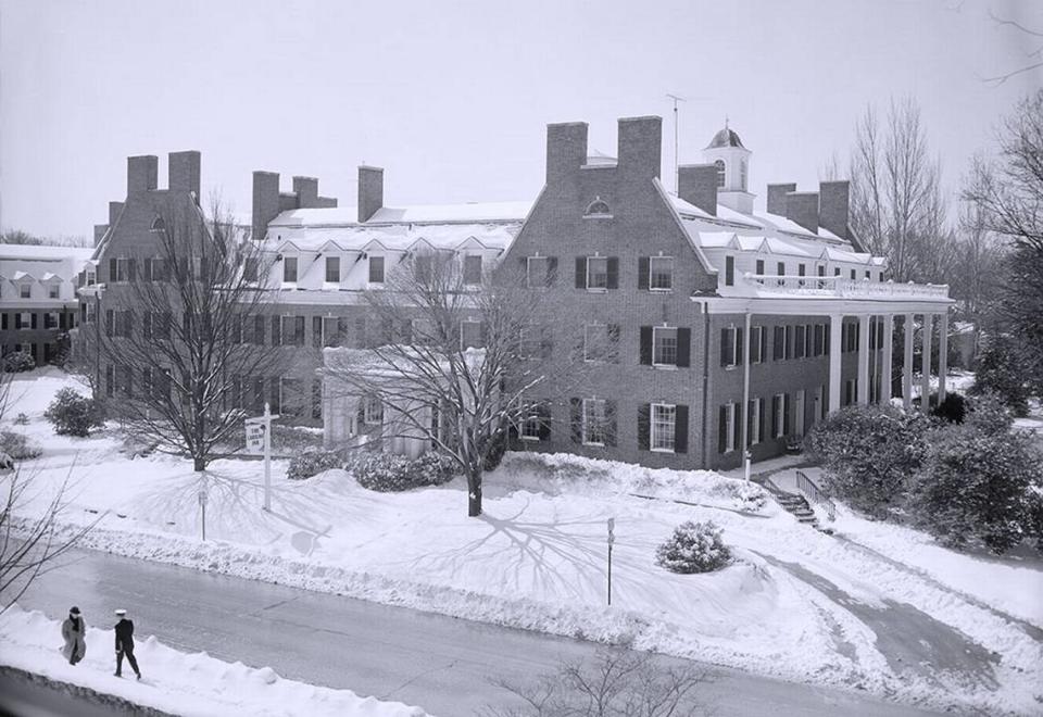 UNC Chapel Hill’s Carolina Inn after a snowfall around 1960. The hotel, opened in 1924, is said to be haunted by the spirit of a public health doctor named William Jacocks who lived there for the last 17 years of his life.