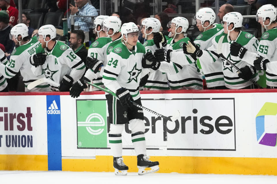 Dallas Stars center Roope Hintz (24) celebrates his goal against the Detroit Red Wings in the second period of an NHL hockey game Tuesday, Jan. 23, 2024, in Detroit. (AP Photo/Paul Sancya)