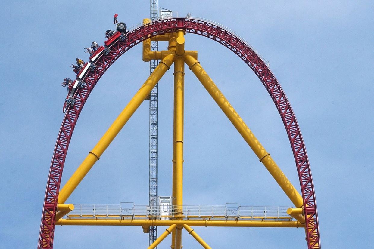 Riders on the Top Thrill Dragster speed along on May 1, 2003, at Cedar Point Amusement Park, in Sandusky, Ohio.