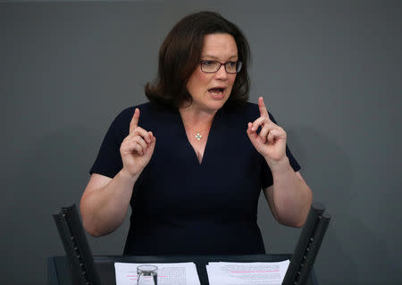 FILE PHOTO: Andrea Nahles, leader of Social Democratic Party (SPD), speaks during a budget debate at the lower house of parliament Bundestag in Berlin, Germany, July 4, 2018. REUTERS/Hannibal Hanschke/File Photo
