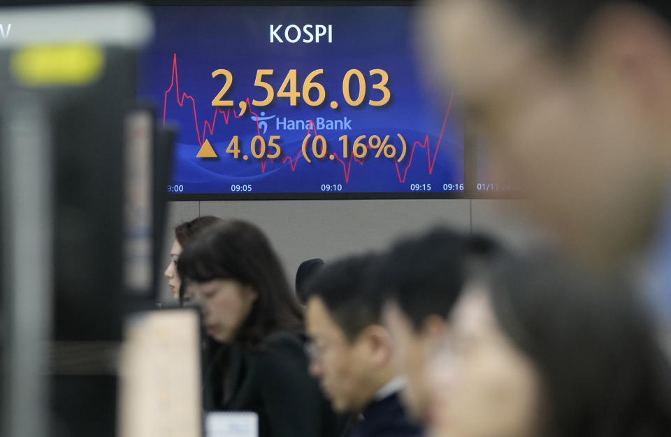Currency traders watch monitors near the screen showing the Korea Composite Stock Price Index (KOSPI) at the foreign exchange dealing room of the KEB Hana Bank headquarters in Seoul, South Korea, Thursday, Jan. 11, 2024. Asian shares advanced Thursday on the back of Wall Street’s climb to a near-record high, as Tokyo’s benchmark surged to a 34-year high.(AP Photo/Ahn Young-joon)