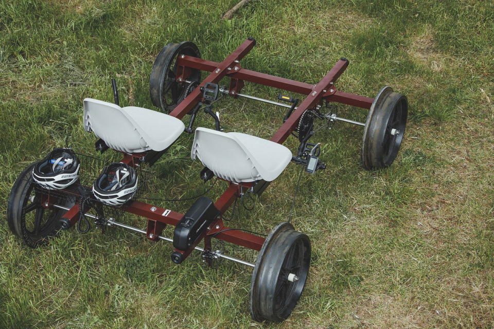 Looking down on an upcycled Skunk Train railbike. 