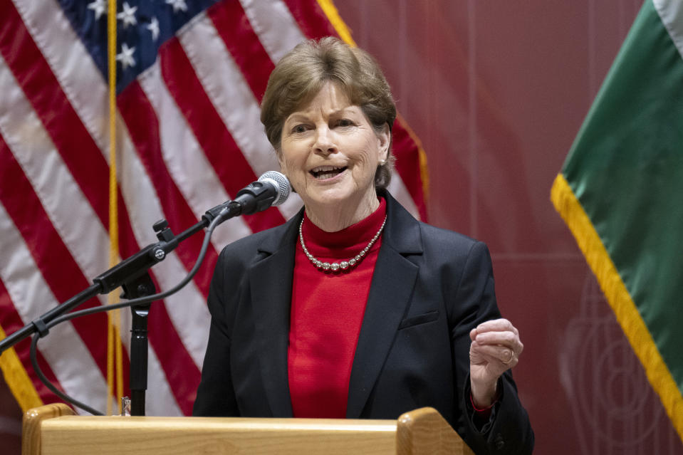 Senator Jeanne Shaheen, co-chair of the Senate NATO Observer Group speaks, during a press conference, in Budapest, Sunday, Feb 18, 2024. Two U.S. senators will submit a bipartisan resolution to Congress condemning democratic backsliding in Hungary and urging its nationalist government to lift its block on Sweden's accession into the NATO military alliance. The resolution, authored by U.S. Sens. Jeanne Shaheen, a New Hampshire Democrat, and Thom Tillis, a North Carolina Republican, comes as Hungary's government is under increasing pressure to ratify Sweden's bid to join NATO, something it has delayed for more than 18 months. (AP Photo/Denes Erdos)