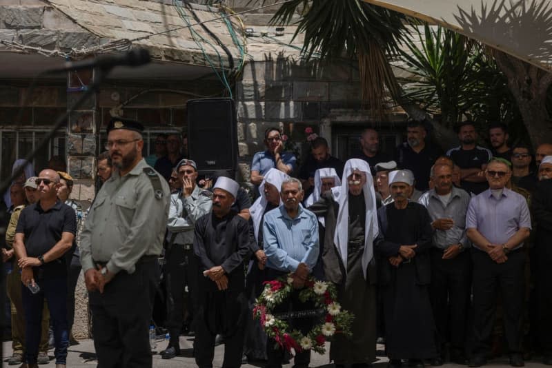 Friends and family mourn during the funeral of Israeli soldier Wassem Mahmoud, who was killed when an armoured personnel carrier exploded near the southern Gaza city of Rafah. Eight Israeli soldiers have been killed in fighting in Rafah in the southern Gaza Strip, the armed forces said on Saturday. Ilia Yefimovich/dpa