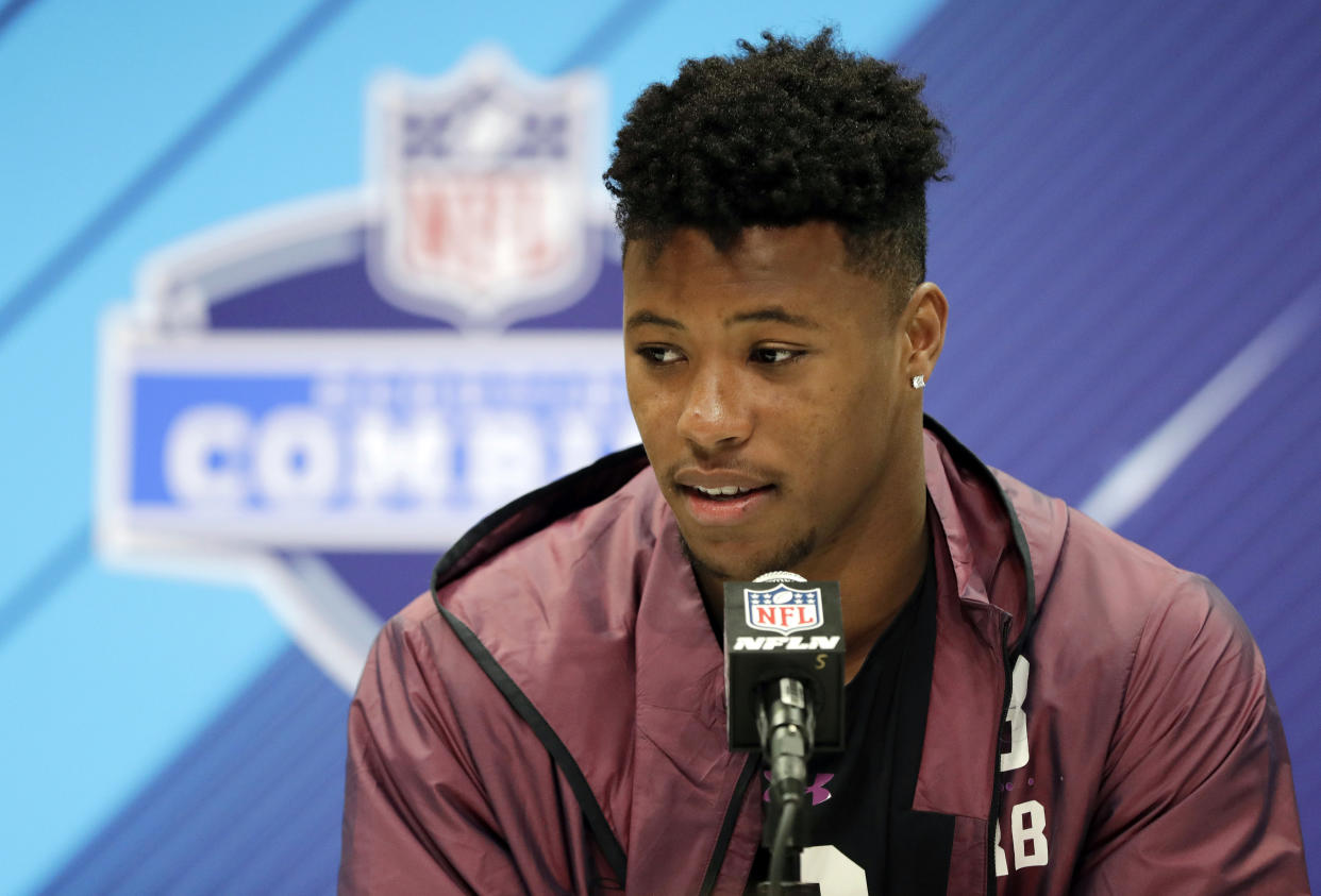 Penn State running back Saquon Barkley speaks during a press conference at the NFL scouting combine. (AP)