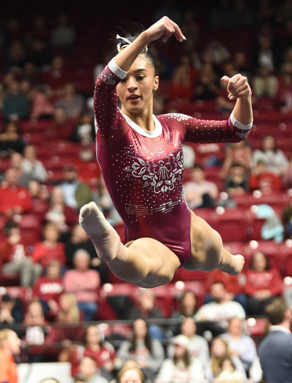 Mar 8, 2024; Tuscaloosa, Alabama, USA; Alabama gymnast Luisa Blanco competes on the floor during a quad meet with Illinois, Minnesota, and Talladega at Coleman Coliseum. Blanco scored 10 on the floor and on the vault.