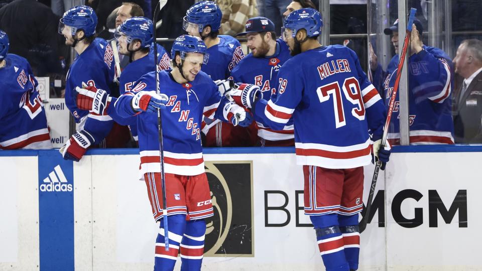 May 5, 2024; New York, New York, USA; New York Rangers left wing Artemi Panarin (10) celebrates with defenseman K'Andre Miller (79) after scoring a goal in the third period against the Carolina Hurricanes in game one of the second round of the 2024 Stanley Cup Playoffs at Madison Square Garden. Mandatory Credit: Wendell Cruz-USA TODAY Sports