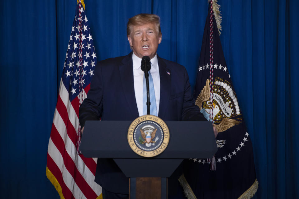 President Donald Trump delivers remarks on Iran, at his Mar-a-Lago property, Friday, Jan. 3, 2020, in Palm Beach, Fla. (AP Photo/ Evan Vucci)