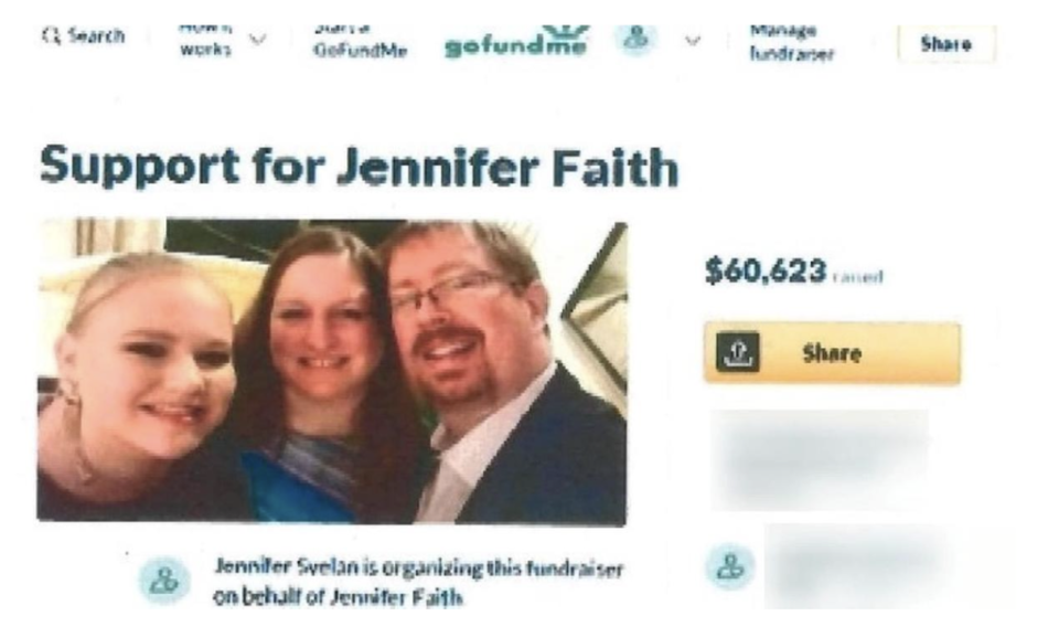 A GoFundme account set up for Jennifer Faith raised more than $60,000 (US District Court for the Northern District of Texas)