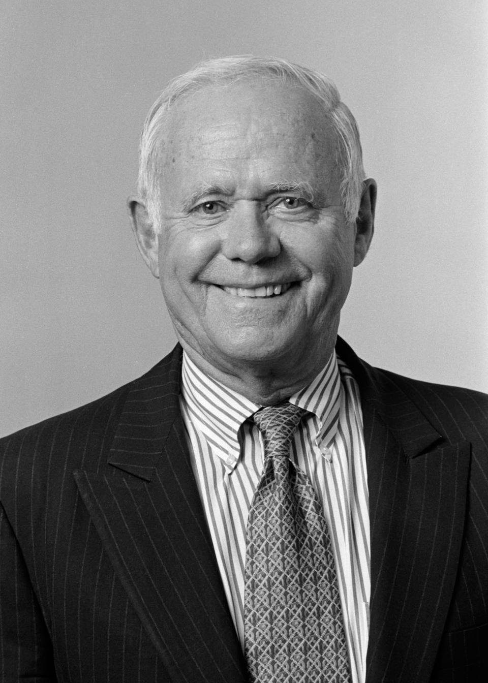 Former Johnson & Johnson CEO James E. Burke is seen in an August 2000 photo provided by Johnson & Johnson. Burke, who helped the company expand dramatically around the world and steered it through the Tylenol poisonings in the 1980s, died on Friday, Sept. 28. He was 87. (AP Photo/PR Newsfoto, Camera1 NYC)