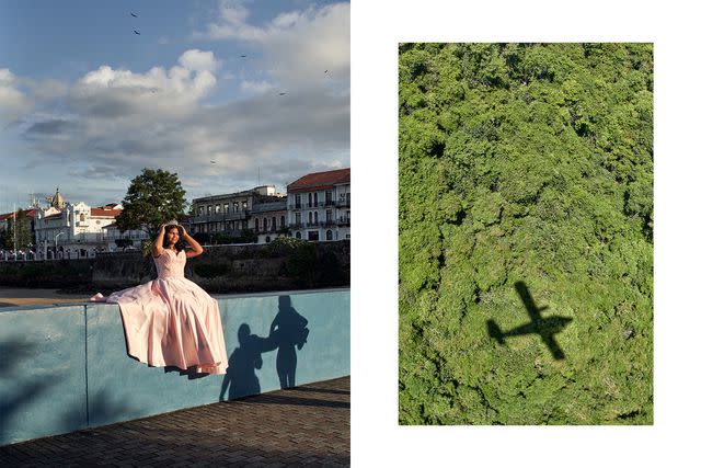 <p>Cristóbal Palma</p> From left: A teenager being photographed for her birthday on Panama City's pedestrian waterfront, Cinta Costera; en route to Islas Secas on a private air charter.