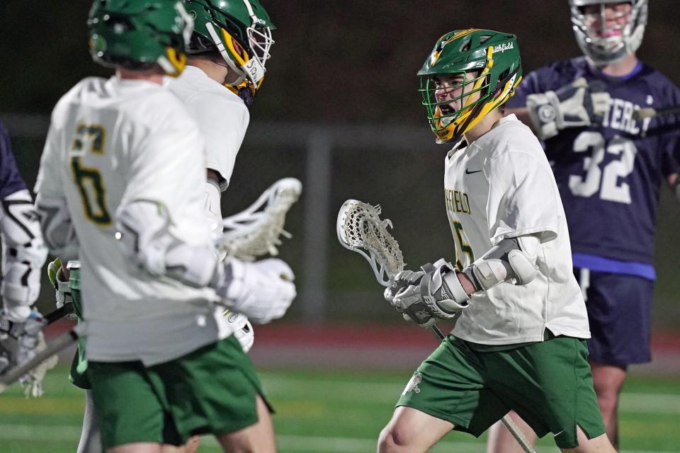 Smithfield's Nick Pike celebrates his goal late in the fourth quarter that helped the Sentinels take down Westerly, 6-5, the Bulldogs' first defeat since 2022.