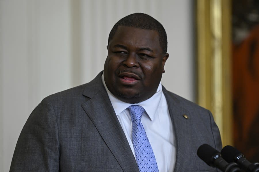 WASHINGTON DC, UNITED STATES – AUGUST 28: President and Executive Director of the Lawyers’ Committee for Civil Rights Under Law Damon Hewitt speaks during the “Lawyers’ Committee for Civil Rights Under the Law 60th Anniversary” event at the White House in Washington D.C., United States on August 28, 2023. (Photo by Celal Gunes/Anadolu Agency via Getty Images)