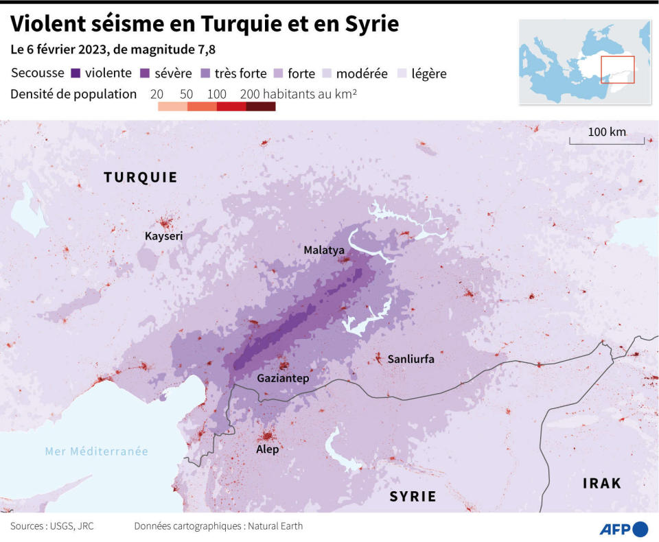 Cette carte montre l’étendue des secousses provoquées par le séisme d’une magnitude 7,8 survenu en Turquie le 6 février dernier.