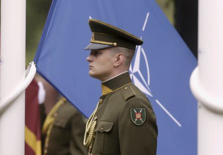 A Lithuanian army soldier stands near the NATO flag during the NATO Force Integration Unit inauguration event in Vilnius, Lithuania, September 3, 2015. REUTERS/Ints Kalnins/File Photo