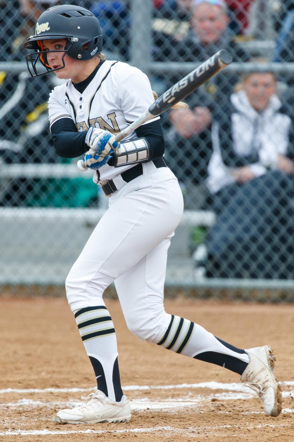 Penn’s Alexis Riem at bat\ during the Riley-Penn high school 4A sectional championship softball game on Friday, May 27, 2022, at Ward Baker Park in Mishawaka, Indiana.
