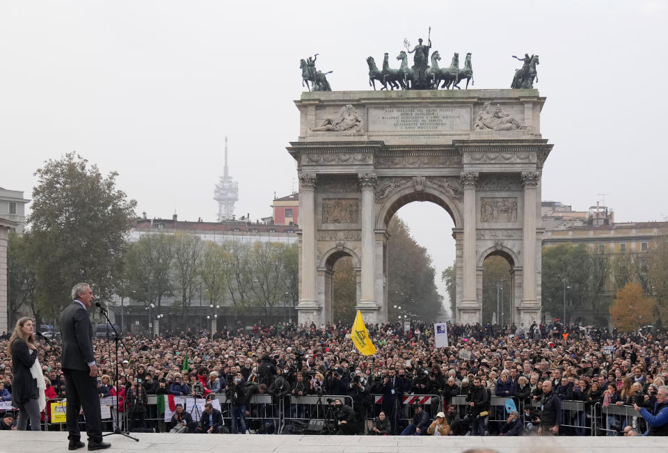 Robert F. Kennedy Jr., son of Robert Kennedy, delivers his speech as he stages a protest against the COVID-19 vaccination green pass in Milan, Italy, Saturday, Nov. 13, 2021. (AP Photo/Antonio Calanni)