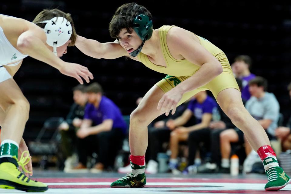 Johnathon McGinty, of St. Joseph Regional is shown during his 113 pound match against Peter Terranova, of Delbarton, at the NJSIAA Wrestling Team Wrestling Championships, in Piscataway, Sunday, February 11, 2024. McGinty went on to win the match.