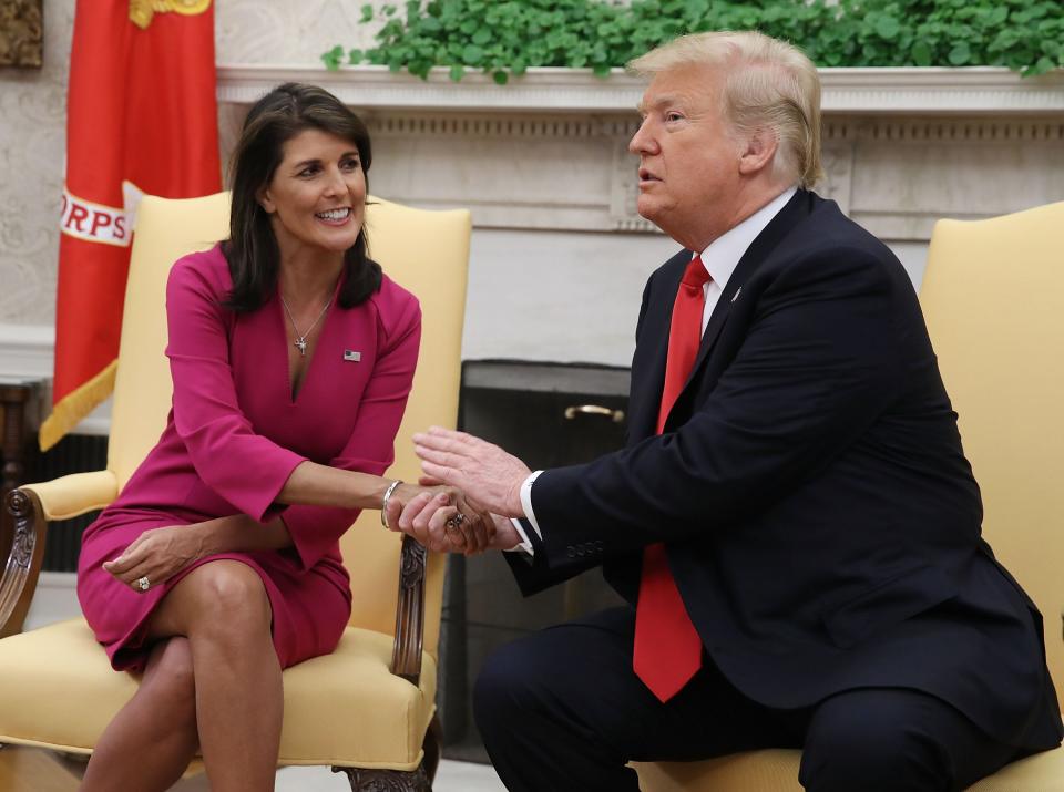 President Donald Trump announces that he has accepted the resignation of Nikki Haley as US Ambassador to the United Nations, in the Oval Office on Oct. 9, 2018 in Washington, DC. (Photo by Mark Wilson/Getty Images)