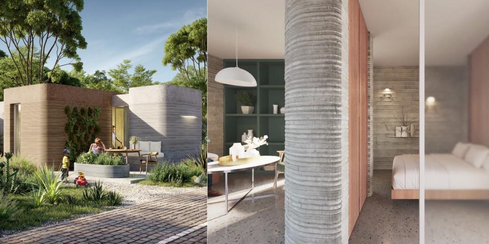 composite of interior and exterior of 3d printed home renders