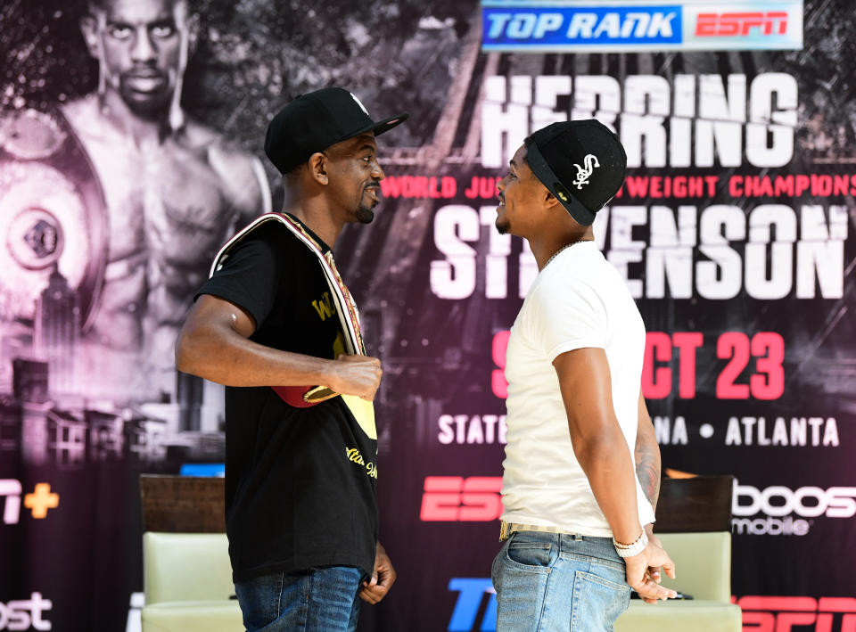 ATLANTA, GEORGIA - SEPTEMBER 09: Jamel Herring (L) and Shakur Stevenson (R) face-off during their press conference for the WBO super featherweight championship at Omni Atlanta Hotel at CNN Center on September 09, 2021 in Atlanta, Georgia. (Photo by Kyle Hess/Top Rank Inc via Getty Images)