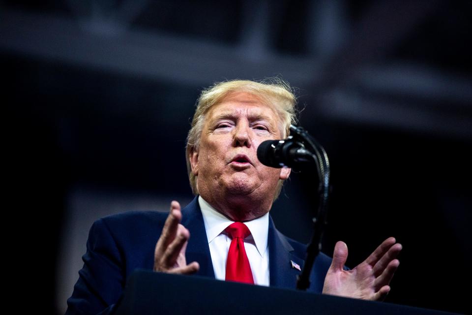 President Donald Trump speaks to the crowd during a campaign rally on Thursday, Jan. 30, 2020, at the Knapp Center in Des Moines. 