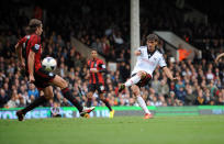 Fulham's Bryan Ruiz shot hits the Crossbar late in the second half after the challenge from West Bromwich Albion's Jonas Olsson during the Barclays Premier League match at Craven Cottage, London.