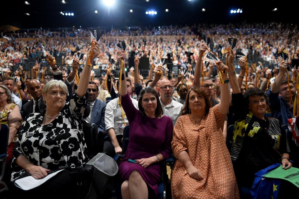 Liberal Democrat leader Jo Swinson during the vote to rescind article 50 at the Liberal Democrat Party Conference at the Bournemouth. (Getty Images)