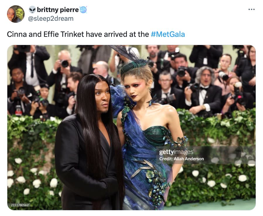 “Cinna and Effie Trinket have arrived at the #MetGala” is a meme born by the looks sported by Law Roach (left) and Zendaya. @sleep2dream/X