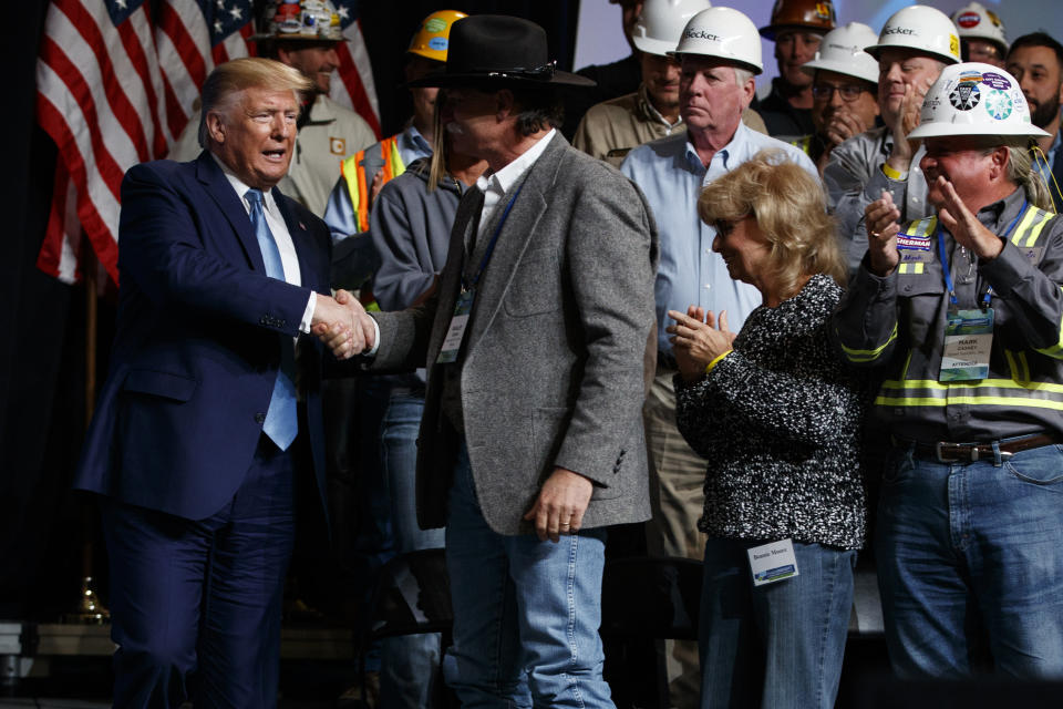 President Donald Trump arrives to speak to the 9th annual Shale Insight Conference at the David L. Lawrence Convention Center, Wednesday, Oct. 23, 2019, in Pittsburgh. (AP Photo/Evan Vucci)