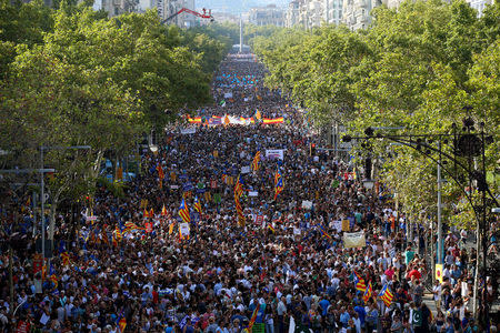 People hold placards and flags as they take part in a march of unity after the attacks last week, in Barcelona, Spain, August 26, 2017. REUTERS/Albert Gea