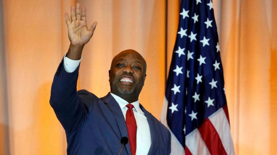 PHOTO: FILE - Sen. Tim Scott, R-S.C., waves as he walks to the stage to speak at the California Republican Party Convention, Sept. 29, 2023, in Anaheim, Calif. (Ashley Landis/AP, FILE)