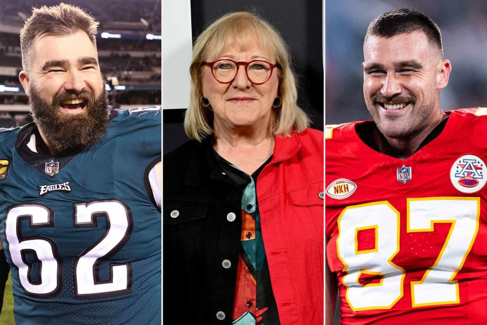 <p>Tim Nwachukwu/Getty;  Lisa Lake/Getty for Prime Video; Dustin Satloff/Getty</p> Jason Kelce, Donna Kelce, Travis Kelce