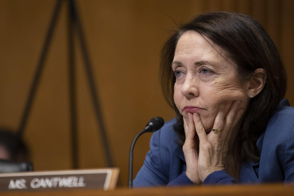 Sen. Maria Cantwell, D-Wash., questions Treasury Secretary Steve Mnuchin as he testifies during a hearing of the Senate Finance Committee hearing on "The President's Fiscal Year 2021 Budget," on Capitol Hill, Wednesday, Feb. 12, 2020, in Washington. (AP Photo/Alex Brandon)