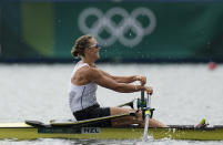 FILE - Emma Twigg, of New Zealand competes in the women's rowing single sculls final at the 2020 Summer Olympics, Friday, July 30, 2021, in Tokyo, Japan. (AP Photo/Lee Jin-man, File)