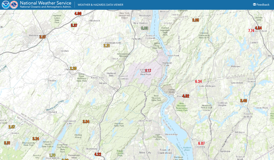 The National Weather Service's unofficial citizens network recorded 8.12 inches of rain at the United States Military Academy at West Point on July 9, 2023.