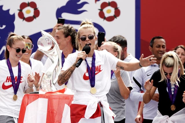 Rachel Daly sings during a fan celebration of England’s Euro 2022 win
