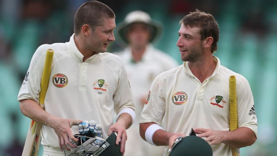 Michael Clarke and Phillip Hughes on the first day of the second cricket Test match played at the Bellerive Oval in Hobart on December 9, 2011. Source: Getty