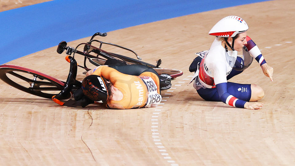 Laurine van Riessen and Katy Marchant, pictured here after colliding in frightening scenes.