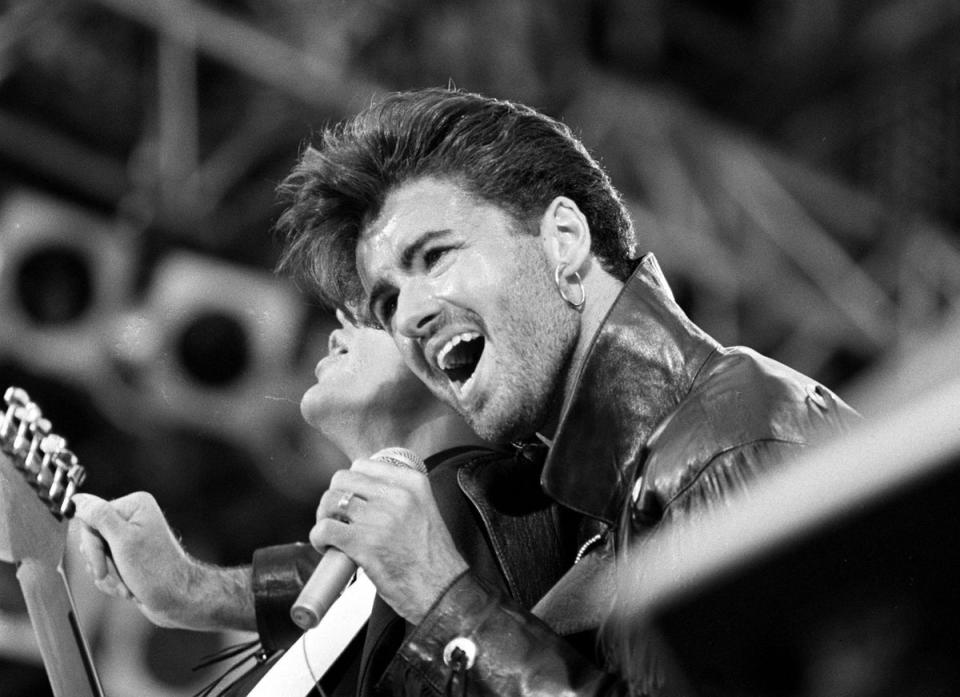 On stage for Wham's last sell out concert at Wembley Stadium in June 1986 (PA)