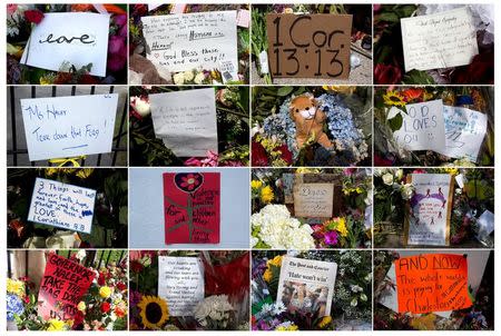 Combination photograph of signs of support left at a makeshift memorial at Emanuel African Methodist Episcopal Church in Charleston, June 20, 2015. REUTERS/Carlo Allegri