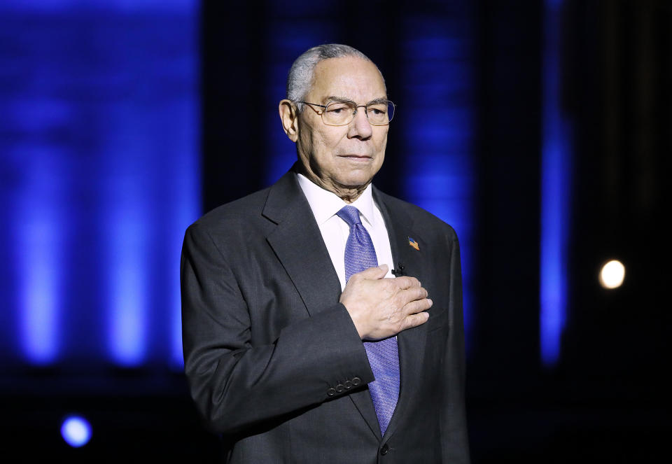 In this image released on May 28, 2021,  General Colin Powell stands on stage during the Capital Concerts' 