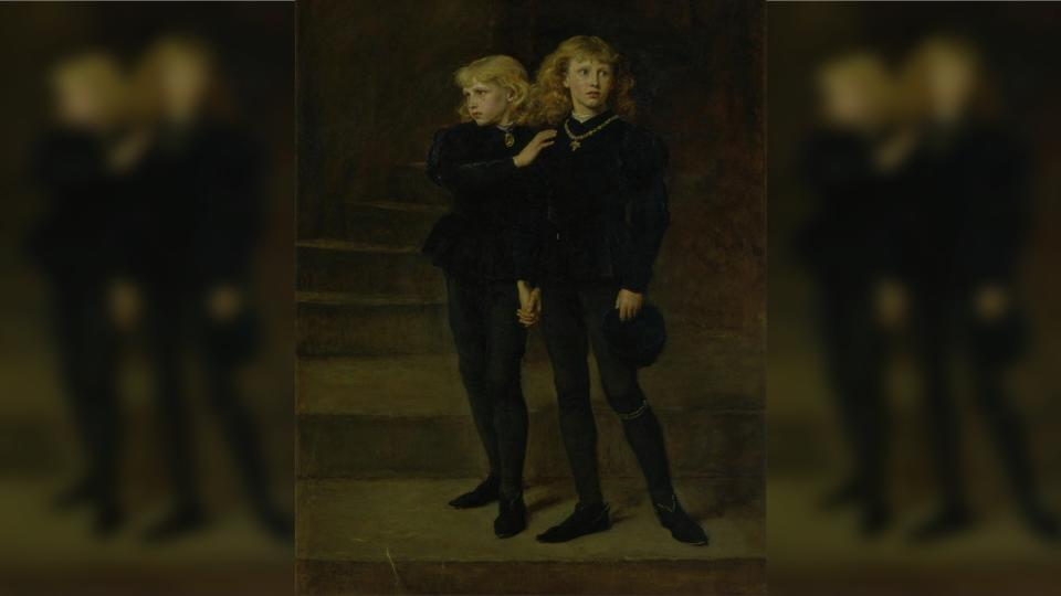 The Two Princes Edward and Richard in the Tower, 1483 (1878). Royal Holloway picture collection, London. Here we see two young boyes with long blond hair. They're both wearing all black and each have a gold necklace. They are standing on some curving steps, clutching onto each others hand with a worried expression on their faces.