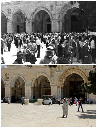 A combination picture shows people standing in a plaza near al-Aqsa mosque during Friday prayers on the compound known to Muslims as Noble Sanctuary and to Jews as Temple Mount, in Jerusalem's Old City, in this Government Press Office handout photo, taken June 23, 1967 (top) and the same location May 17, 2017. REUTERS/Moshe Pridan/Government Press Office/Handout via Reuters (top)/Ammar Awad