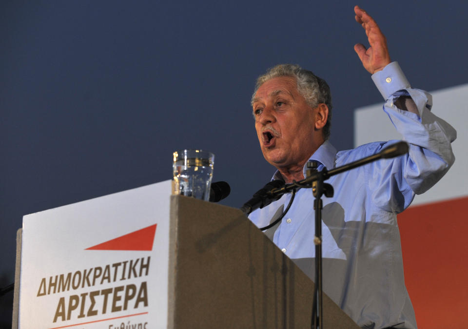 Democratic Left leader Fotis Kouvelis speaks to his supporters during a rally in Thessaloniki, Friday, June 15, 2012. Greece faces crucial national elections on Sunday, that could ultimately determine whether the debt-saddled, recession bound country remains in the eurozone. First elections on May 6 resulted in a hung parliament. (AP Photo/Nikolas Giakoumidis)