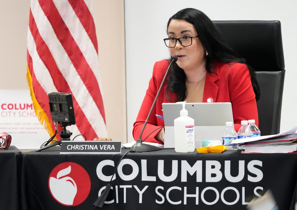 Columbus City Schools Board of Education President Christina Vera speaks Tuesday during a meeting in which initial recommendations were made by the Superintendent Facilities Task Force about closing schools in the district.