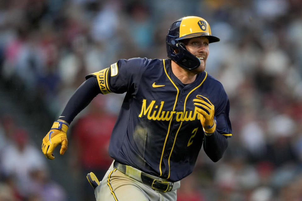 Milwaukee Brewers' Brice Turang watches his solo home run during the fifth inning of a baseball game against the Los Angeles Angels on Monday, June 17, 2024, in Anaheim, Calif. (AP Photo/Ryan Sun)