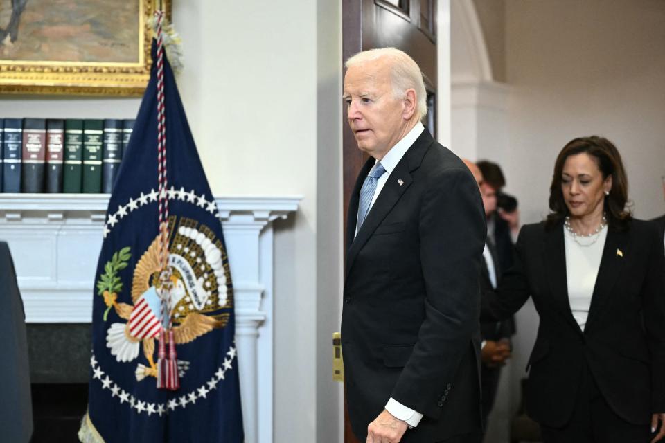 President Joe Biden and Vice President Kamala Harris arrive to speak from the Roosevelt Room of the White House on July 14, 2024.