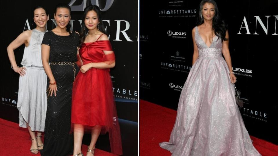 Julia Cho, Domee Shi, Rosalie Chiang and Kelly Hu lend glam to Unforgettable: The 20th Annual Asian American Awards Presented by Character Media held at the Beverly Hilton. (Jon Kopaloff/Getty Images)